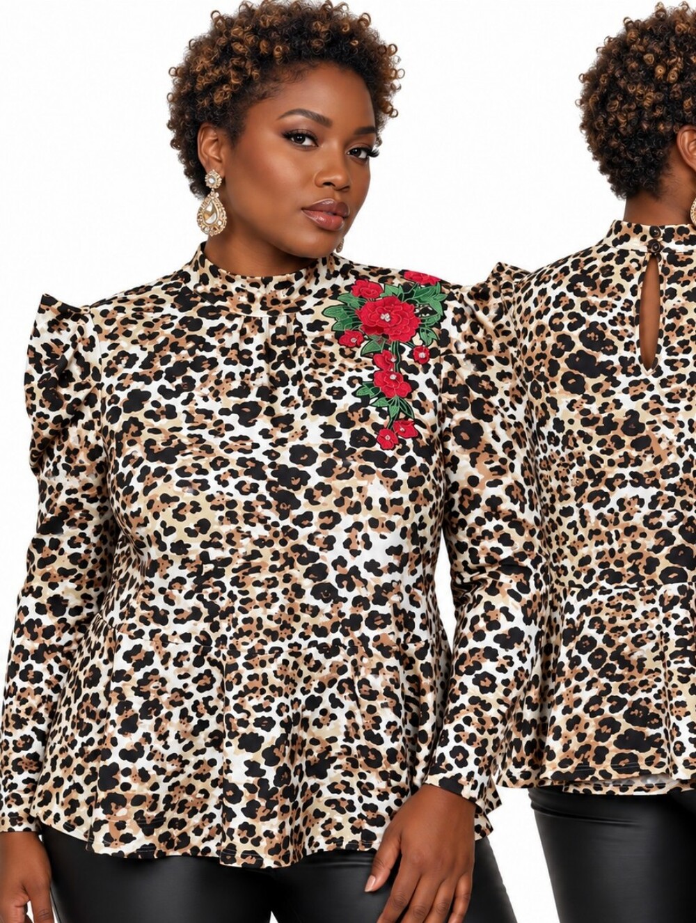 NWT Ashley Stewart Leopard Roses Floral Embroidered Peplum Top Plus Sz 18 20